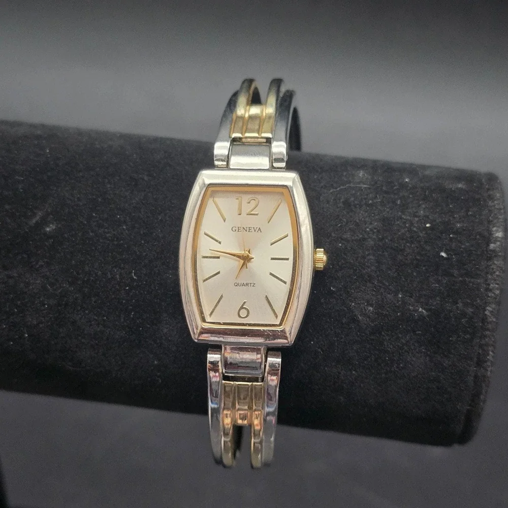Women's Two Tone Cuff Watch Bracelet Quartz WORKS Working Geneva